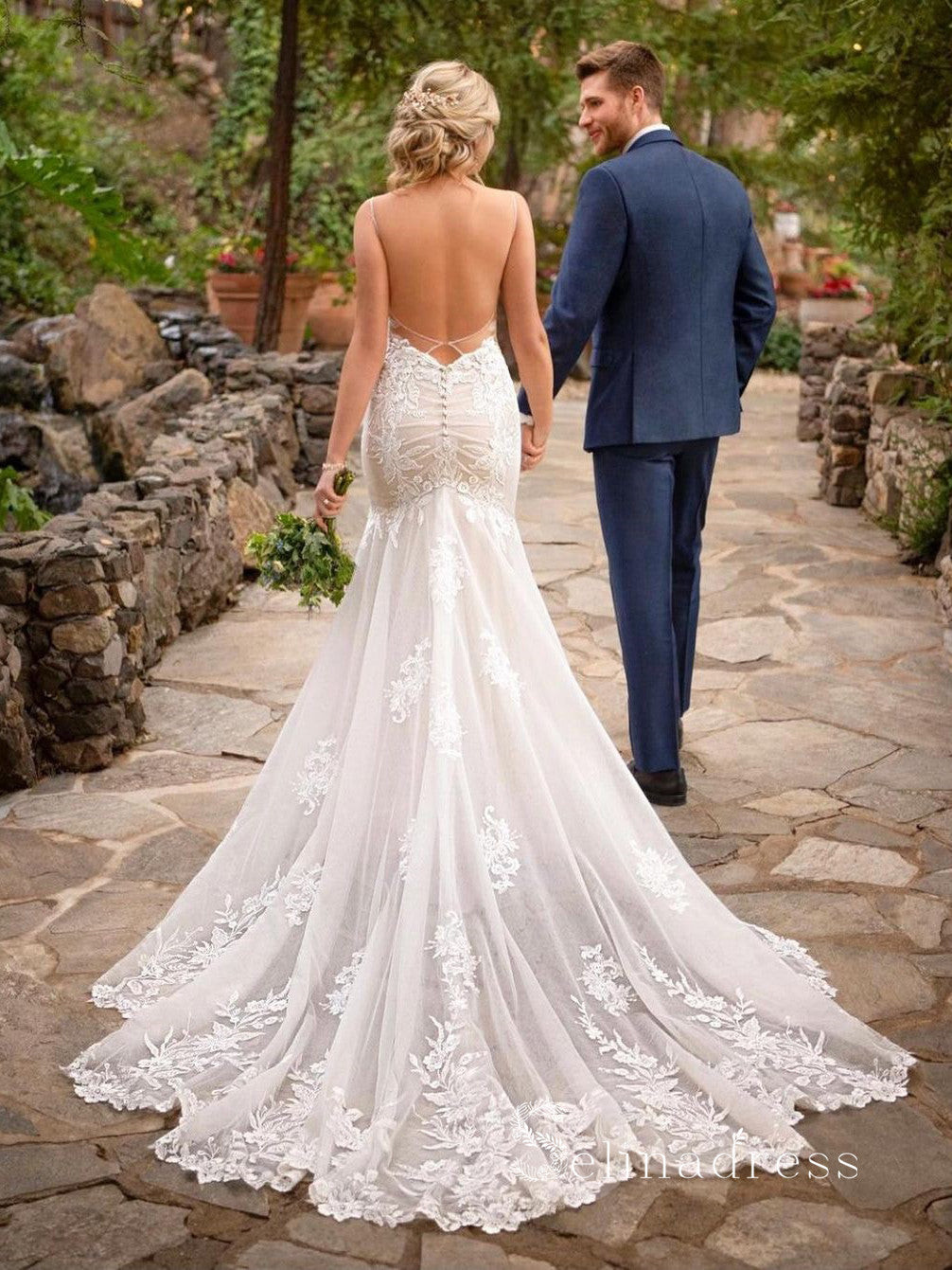 Mermaid Spaghetti Straps Rustic Wedding Dresses Backless Wedding Gowns – SELINADRESS