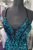 Mermaid Spaghetti Straps Sequins Prom Dress Blue Cheap Evening Dresses #QWE015|Selinadress