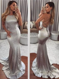 Mermaid Spaghetti Straps Silver Long Prom Dresses Sexy Evening Dress CBD540|Selinadress