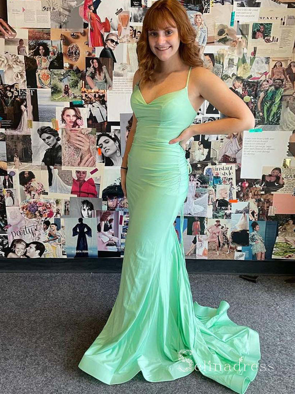 Mermaid Spaghetti Straps Simple Long Prom Dresses Satin Evening Dress MHL2880|Selinadress