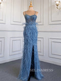 Mermaid Spaghetti Straps Sleeveless Blue Prom Dress Sparkly Evening Gowns hlks017|Selinadress
