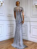 Mermaid High Neck Silver Short Sleeve Prom Dresses Sparkly Evening Gowns hlks018|Selinadress