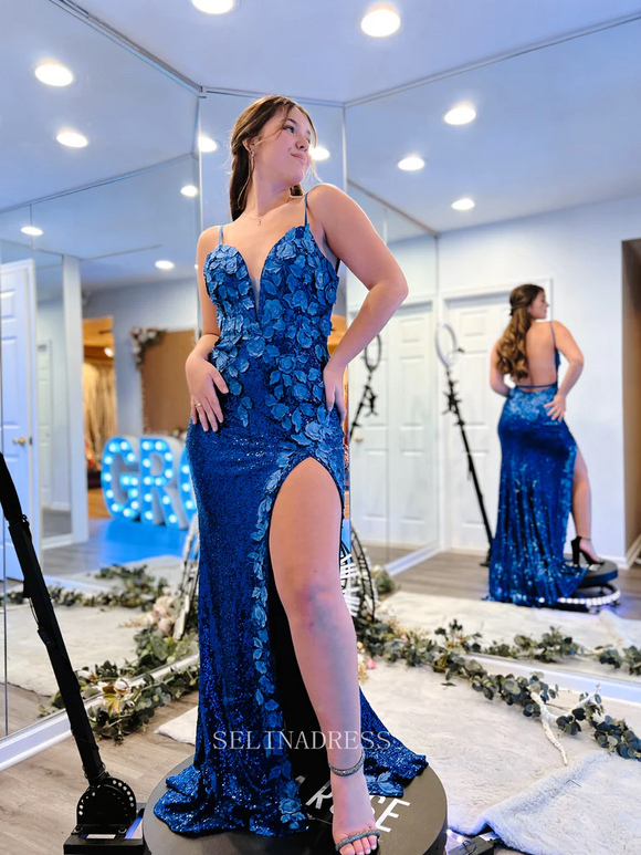 Mermaid Spaghetti Straps Sleeveless Long Prom Dresses Applique Sequins Evening Dresses MLK04882