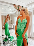 Mermaid Spaghetti Straps Sleeveless Long Prom Dresses Applique Sequins Evening Dresses MLK04882