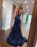 Mermaid Spaghetti Straps Sparkly Long Prom Dress Sequins Evening Dresses #JKSS11|Selinadress