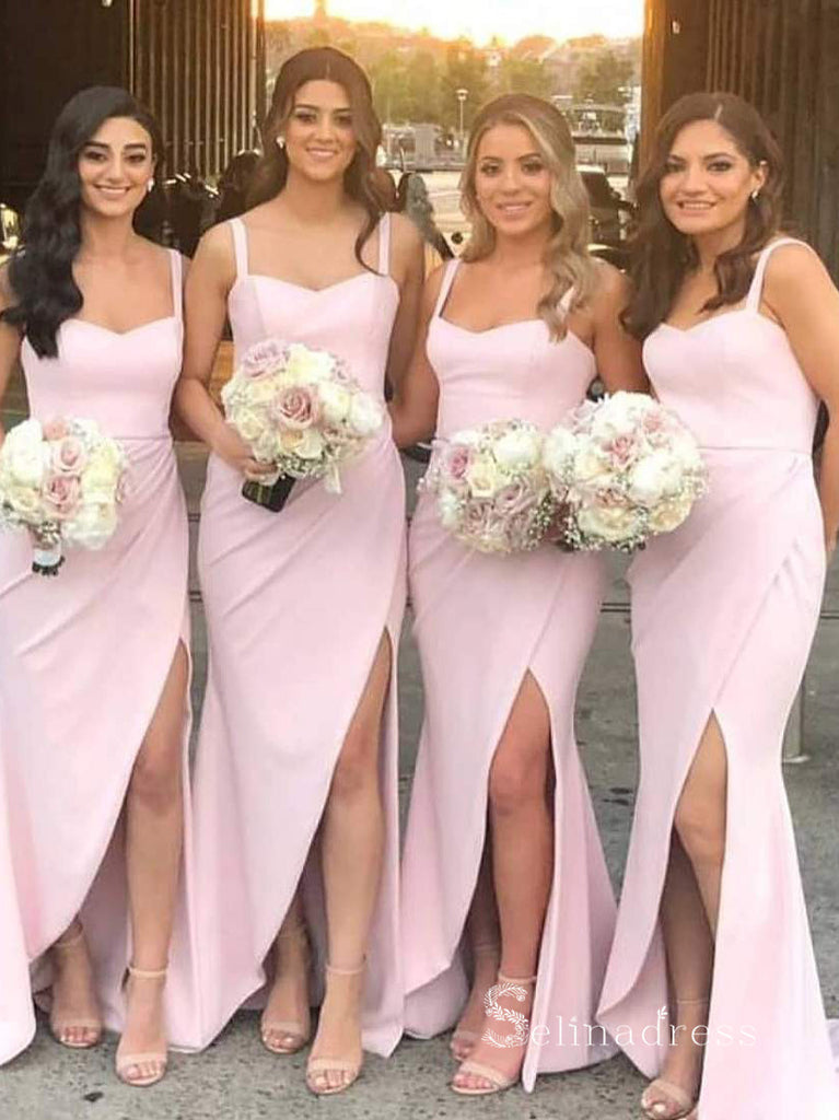 knee length dresses for ladies Long A-line Pink Soft V Neck Side Slit Modest Simple Bridesmaid Dresse –  SposaBridal main image 1