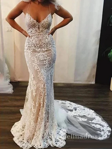 Mermaid Spaghetti Straps Vintage Wedding Dresses Lace Wedding Gowns CBD073|Selinadress