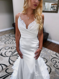 Mermaid Spaghetti Straps White Detachable Wedding Dresses Satin Wedding Gowns CBD496|Selinadress
