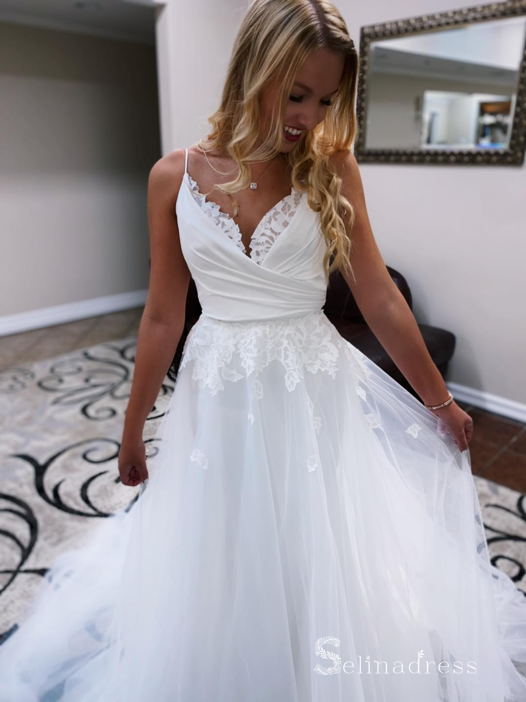Mermaid Spaghetti Straps White Detachable Wedding Dresses Satin Weddin SELINADRESS Mermaid Spaghetti Straps White Detachable Wedding Dresses Satin Weddin SELINADRESS