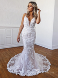 Mermaid Spaghetti Straps White Lace Long Wedding Dresses Boho Wedding Gowns CBD488|Selinadress