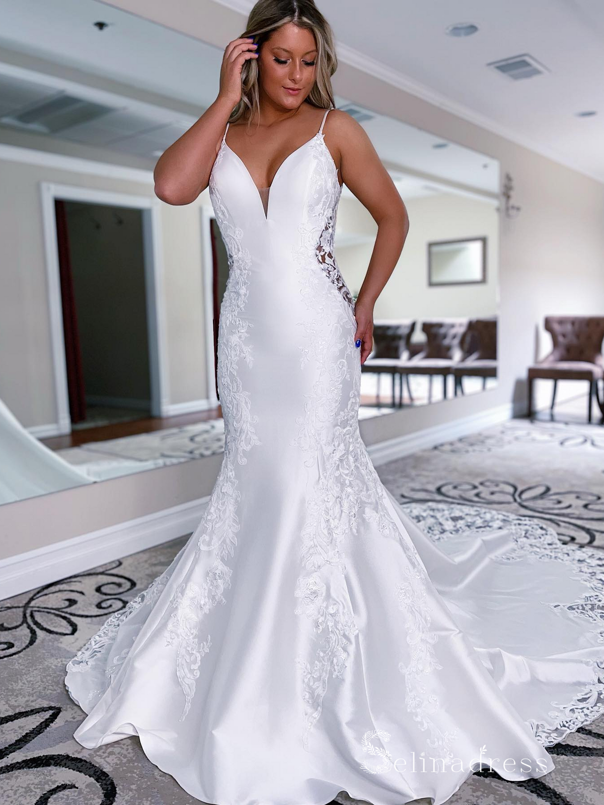 Mermaid Spaghetti Straps White Lace Wedding Dresses Satin Wedding Gown SELINADRESS Mermaid Spaghetti Straps White Lace Wedding Dresses Satin Wedding Gown SELINADRESS