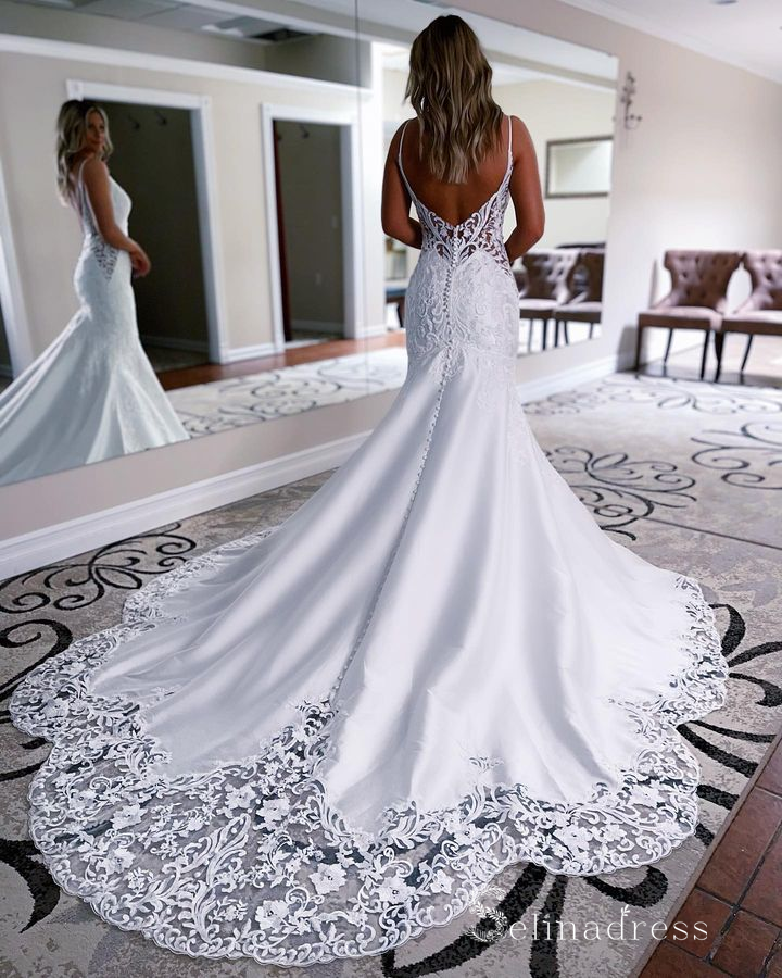 Mermaid Spaghetti Straps White Lace Wedding Dresses Satin Wedding Gown SELINADRESS Mermaid Spaghetti Straps White Lace Wedding Dresses Satin Wedding Gown SELINADRESS