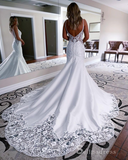 Mermaid Spaghetti Straps White Lace Wedding Dresses Satin Wedding Gowns CBD480