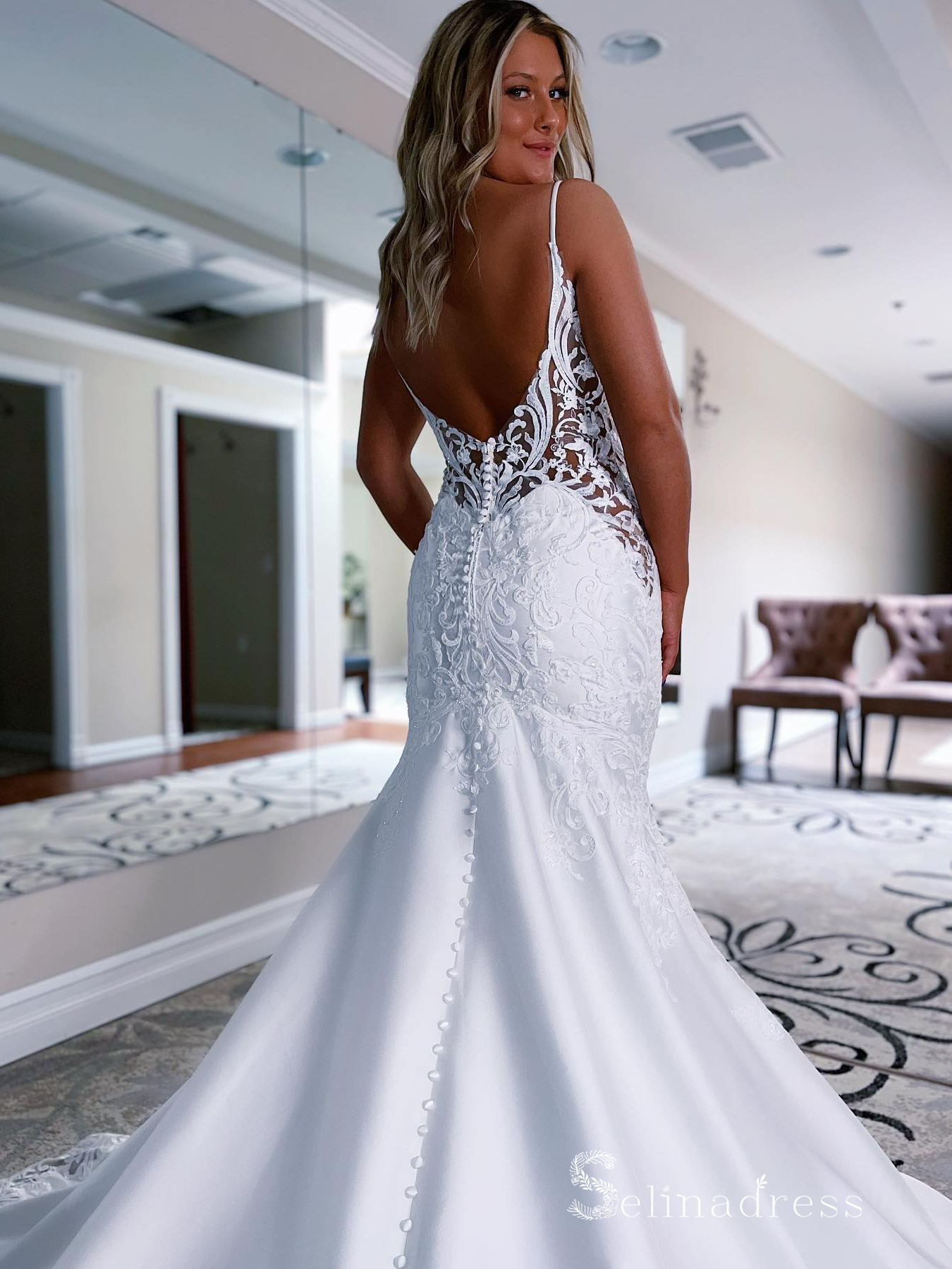 Mermaid Spaghetti Straps White Lace Wedding Dresses Satin Wedding Gown SELINADRESS Mermaid Spaghetti Straps White Lace Wedding Dresses Satin Wedding Gown SELINADRESS