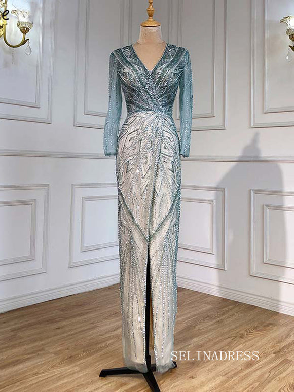 Mermaid Split Sexy Green luxury Prom Dress Long Sleeve Dubai Long Evening Formal Gowns hlkS004