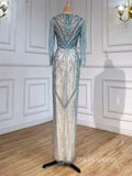 Mermaid Split Sexy Green luxury Prom Dress Long Sleeve Dubai Long Evening Formal Gowns hlkS004