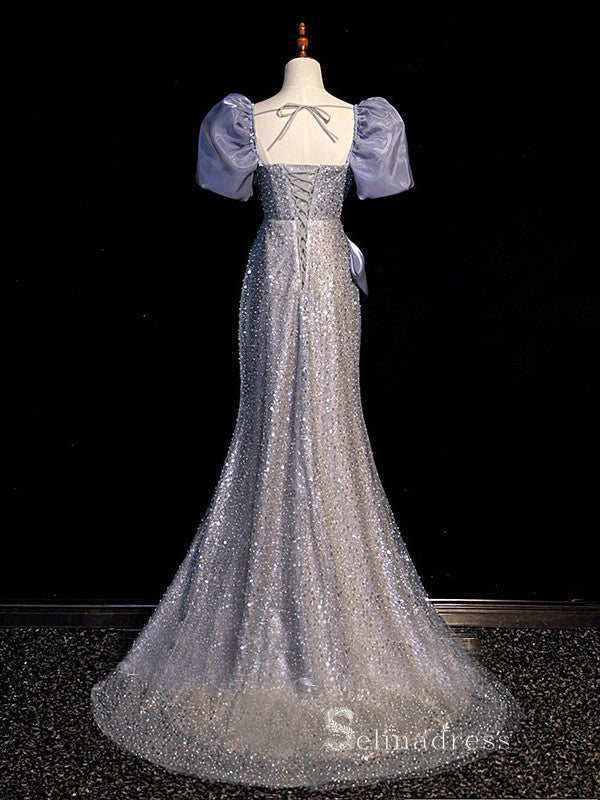 Mermaid Square Neck Princess Prom Dress Beaded Blue Evening Dresses GK SELINADRESS Mermaid Square Neck Princess Prom Dress Beaded Blue Evening Dresses GK SELINADRESS