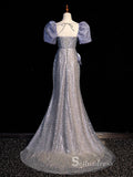 Mermaid Square Neck Princess Prom Dress Beaded Blue Evening Dresses GKF014|Selinadress