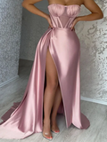 Mermaid Strapless Dusty Pink Prom Dress Split Satin Long Evening Gowns Formal Dress #POL031|Selinadress