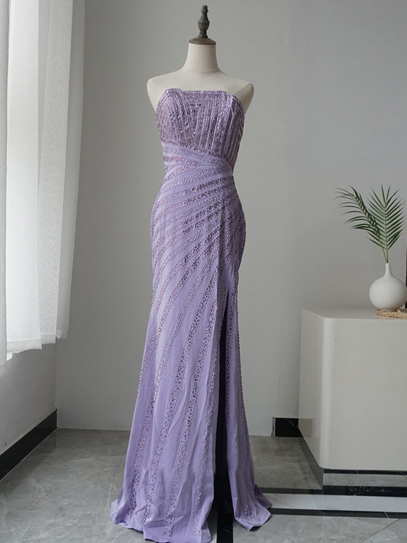 Mermaid Strapless Lilac Luxury Long Prom Dress Beaded Evening Gowns GKF002|Selinadress