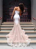 Mermaid Strapless Prom Dresses White Long Prom Dress Lace Evening Dress CBD404