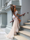 Mermaid Strapless Prom Dresses White Long Prom Dress Lace Evening Dress CBD404