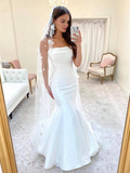 Mermaid Strapless Satin Wedding Dresses White Cheap Bridal Gowns CBD504|Selinadress