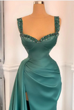 Mermaid Straps Beaded Long Prom Dress Satin Evening Gowns Formal Dress #POL044