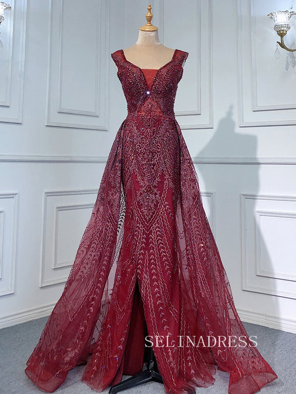 Mermaid Straps Burgundy Long Prom Dress Beaded Evening Formal Gown hlks013|Selinadress
