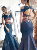 Mermaid Two Piece Prom Dresses Embroidery Dark Navy Long Prom Dress Evening Gowns #SED194 | Selinadress