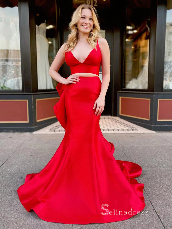 Mermaid Two Pieces Red Long Prom Dresses Spaghetti Straps Satin Evening Dresses MLK043|Selinadress
