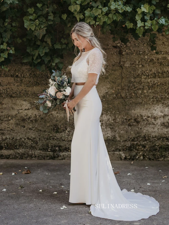Mermaid Two Pieces White Wedding Dress Sparkly Short Sleeve Sequins Bridal Dresses KTC004|Selinadress