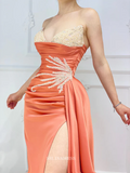 Mermaid V neck African Satin Prom Dress Orange Ruffles Evening Gowns #POL110