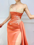 Mermaid V neck African Satin Prom Dress Orange Ruffles Evening Gowns #POL110