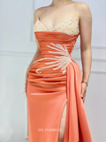 Mermaid V neck African Satin Prom Dress Orange Ruffles Evening Gowns #POL110|Selinadress