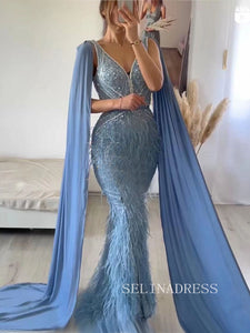 Mermaid V Neck Blue Long Prom Dress Beaded Sparkly Evening Gowns hlks019|Selinadress