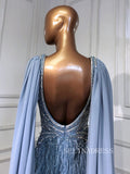 Mermaid V Neck Blue Long Prom Dress Beaded Sparkly Evening Gowns hlks019|Selinadress