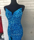 Mermaid V neck Blue Sparkly Prom Dress Sequins Long Formal Dresses KPY053|Selinadress