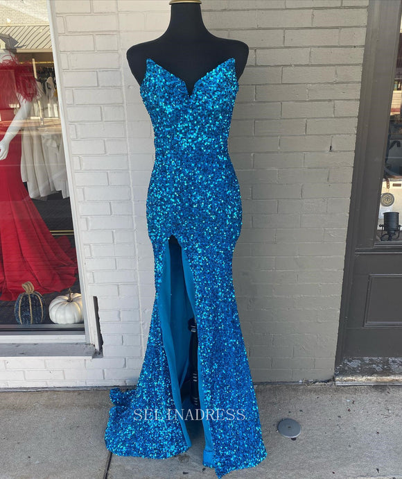 Mermaid V neck Blue Sparkly Prom Dress Sequins Long Formal Dresses KPY053|Selinadress