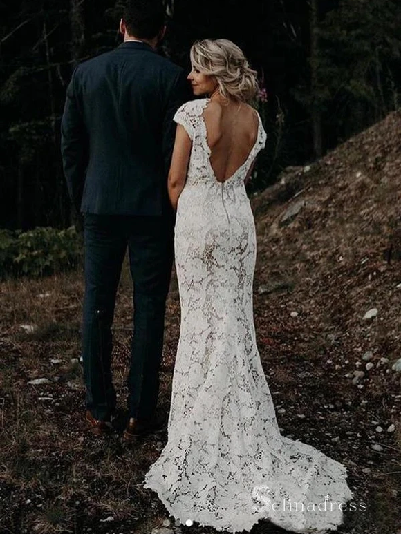 Mermaid V neck Cap Sleeve Rustic Lace Wedding Dresses Backless Bridal Gowns MHL153|Selinadress