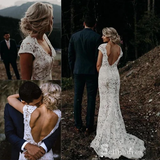 Mermaid V neck Cap Sleeve Rustic Lace Wedding Dresses Backless Bridal Gowns MHL153|Selinadress