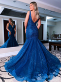 Mermaid V neck Dark Blue Prom Dresses Lace Beaded Long Evening Gowns CBD484|Selinadress