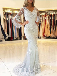 Mermaid V neck Lace Long Sleeve Prom Dresses Cheap Evening Dress MHL161|Selinadress
