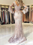 Mermaid V neck Lace Long Sleeve Prom Dresses Cheap Evening Dress MHL161|Selinadress