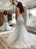 Mermaid V neck Light Sky Blue Long Prom Dress Applique Formal Dresses Evening Dress KPY045|Selinadress