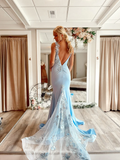 Mermaid V neck Light Sky Blye Long Prom Dress Satin Formal Dresses Evening Dress KPY046|Selinadress