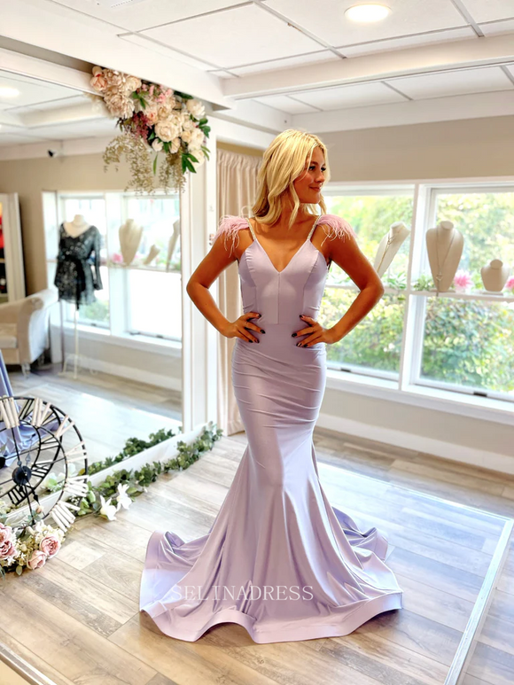 Mermaid V neck Lilac Prom Dress Long Formal Dresses Satin Evening Dress KPY018|Selinadress