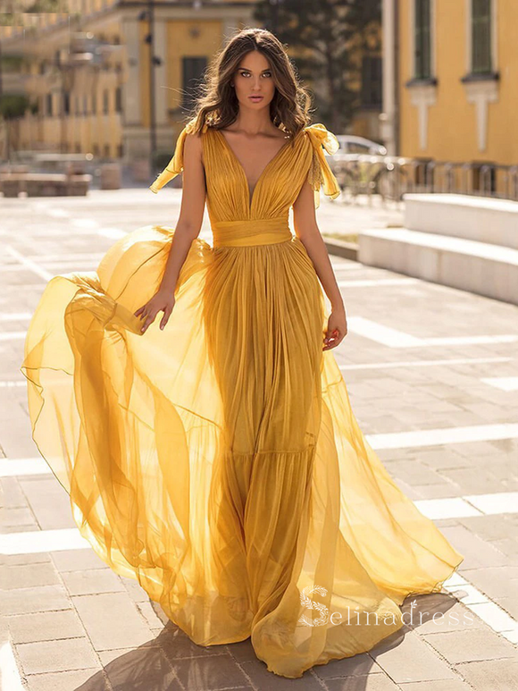 Mermaid V neck Long Prom Dress Ruffles Chiffon Cheap Evening Dresses HLK024|Selinadress
