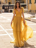 Mermaid V neck Long Prom Dress Ruffles Chiffon Cheap Evening Dresses HLK024|Selinadress