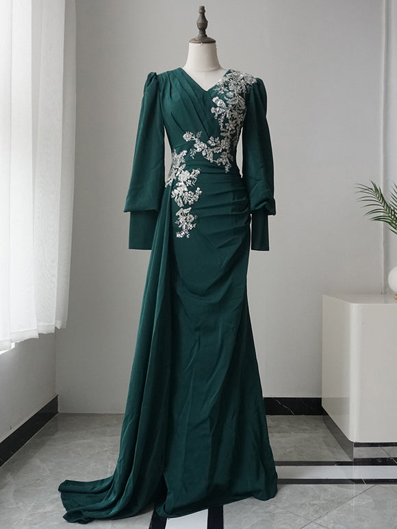 Mermaid V neck Long Sleeve Prom Dress Applique Dark Green Evening Dresses GKF006|Selinadress